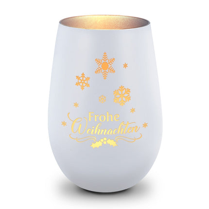 SEO. Deko Windlicht aus Glas mit Gravur - Frohe Weihnachten Schneeflocke - Weiß - Silber Linkreich