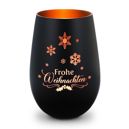 SEO. Deko Windlicht aus Glas mit Gravur - Frohe Weihnachten Schneeflocke - Schwarz - Bronze Linkreich