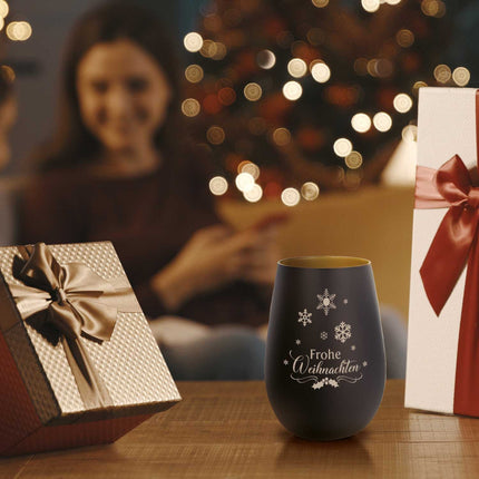 SEO. Deko Windlicht aus Glas mit Gravur - Frohe Weihnachten Schneeflocke - Schwarz - Gold Linkreich