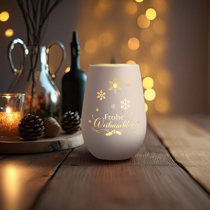 SEO. Deko Windlicht aus Glas mit Gravur - Frohe Weihnachten Schneeflocke - Weiß - Silber Linkreich