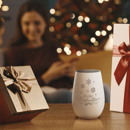 SEO. Deko Windlicht aus Glas mit Gravur - Frohe Weihnachten Schneeflocke - Weiß - Silber Linkreich