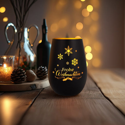 SEO. Deko Windlicht aus Glas mit Gravur - Frohe Weihnachten Schneeflocke - Schwarz - Gold Linkreich