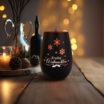 SEO. Deko Windlicht aus Glas mit Gravur - Frohe Weihnachten Schneeflocke - Schwarz - Bronze Linkreich