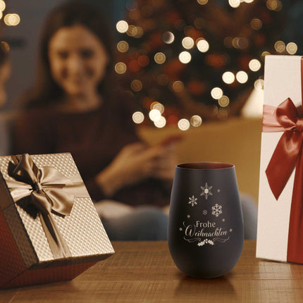 SEO. Deko Windlicht aus Glas mit Gravur - Frohe Weihnachten Schneeflocke - Schwarz - Bronze Linkreich