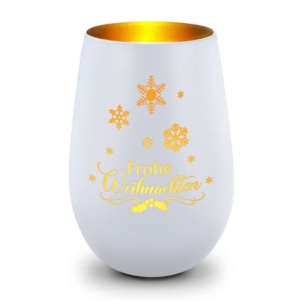 SEO. Deko Windlicht aus Glas mit Gravur - Frohe Weihnachten Schneeflocke - Weiß - Gold Linkreich