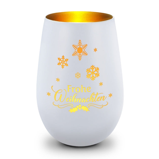 SEO. Deko Windlicht aus Glas mit Gravur - Frohe Weihnachten Schneeflocke - Weiß - Gold Linkreich