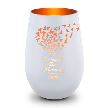 SEO. Deko Windlicht aus Glas mit Gravur - Für Immer im Herzen - Personalisiert mit Namen - Trauerlicht - Weiß - Bronze Linkreich
