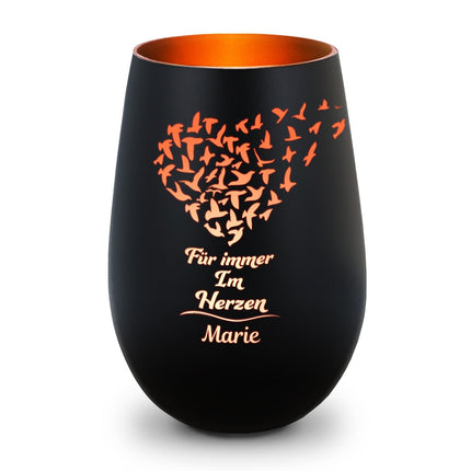 SEO. Deko Windlicht aus Glas mit Gravur - Für Immer im Herzen - Personalisiert mit Namen - Trauerlicht - Schwarz - Bronze Linkreich