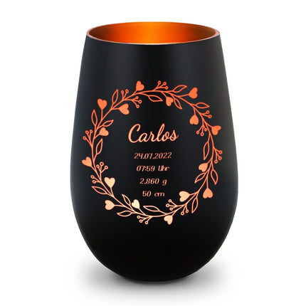 SEO. Deko Windlicht aus Glas mit Gravur - Geschenk zur Geburt - Personalisiert mit Namen - Schwarz - Bronze Linkreich