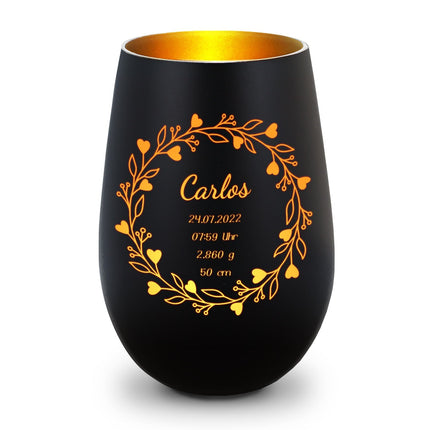 SEO. Deko Windlicht aus Glas mit Gravur - Geschenk zur Geburt - Personalisiert mit Namen - Schwarz - Gold Linkreich