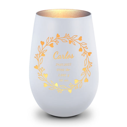 SEO. Deko Windlicht aus Glas mit Gravur - Geschenk zur Geburt - Personalisiert mit Namen - Weiß - Silber Linkreich