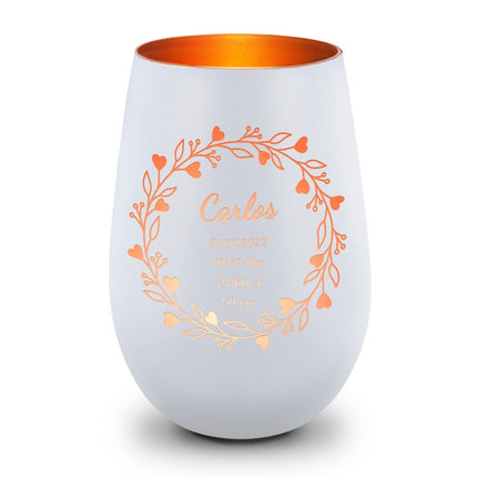 SEO. Deko Windlicht aus Glas mit Gravur - Geschenk zur Geburt - Personalisiert mit Namen - Weiß - Bronze Linkreich