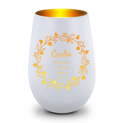 SEO. Deko Windlicht aus Glas mit Gravur - Geschenk zur Geburt - Personalisiert mit Namen - Weiß - Gold Linkreich