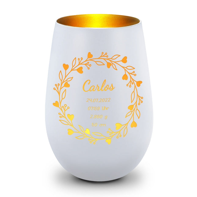 SEO. Deko Windlicht aus Glas mit Gravur - Geschenk zur Geburt - Personalisiert mit Namen - Weiß - Gold Linkreich