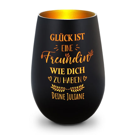 SEO. Deko Windlicht aus Glas mit Gravur - Glück ist eine Freundin wie Dich zu haben - Personalisiert mit - Schwarz - Gold Linkreich