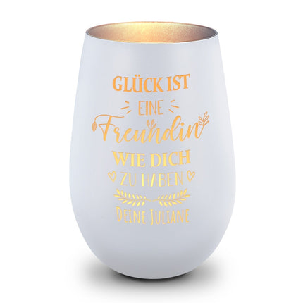 SEO. Deko Windlicht aus Glas mit Gravur - Glück ist eine Freundin wie Dich zu haben - Personalisiert mit - Weiß - Silber Linkreich