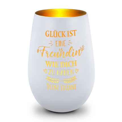 SEO. Deko Windlicht aus Glas mit Gravur - Glück ist eine Freundin wie Dich zu haben - Personalisiert mit - Weiß - Gold Linkreich