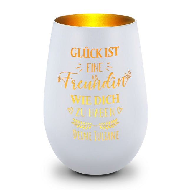 SEO. Deko Windlicht aus Glas mit Gravur - Glück ist eine Freundin wie Dich zu haben - Personalisiert mit - Weiß - Gold Linkreich