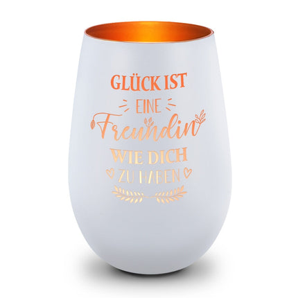 SEO. Deko Windlicht aus Glas mit Gravur - Glück ist eine Freundin wie Dich zu haben - Weiß - Bronze Linkreich