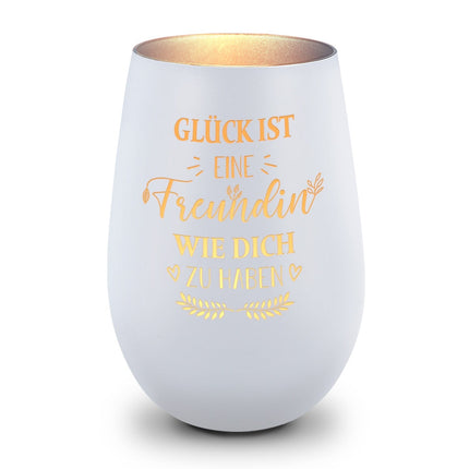 SEO. Deko Windlicht aus Glas mit Gravur - Glück ist eine Freundin wie Dich zu haben - Weiß - Silber Linkreich