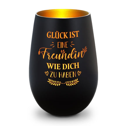 SEO. Deko Windlicht aus Glas mit Gravur - Glück ist eine Freundin wie Dich zu haben - Schwarz - Gold Linkreich