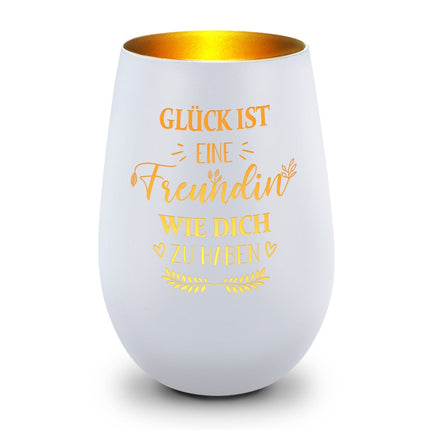 SEO. Deko Windlicht aus Glas mit Gravur - Glück ist eine Freundin wie Dich zu haben - Weiß - Gold Linkreich