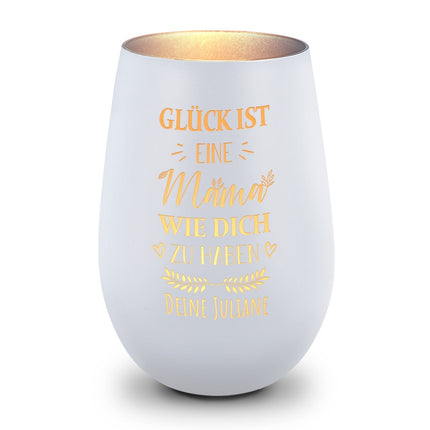 SEO. Deko Windlicht aus Glas mit Gravur - Glück ist eine Mama wie Dich zu haben - Personalisiert mit Name - Weiß - Silber Linkreich