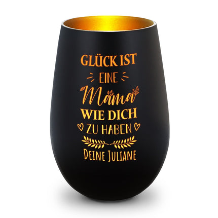 SEO. Deko Windlicht aus Glas mit Gravur - Glück ist eine Mama wie Dich zu haben - Personalisiert mit Name - Schwarz - Gold Linkreich