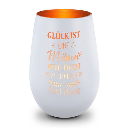SEO. Deko Windlicht aus Glas mit Gravur - Glück ist eine Mama wie Dich zu haben - Personalisiert mit Name - Weiß - Bronze Linkreich