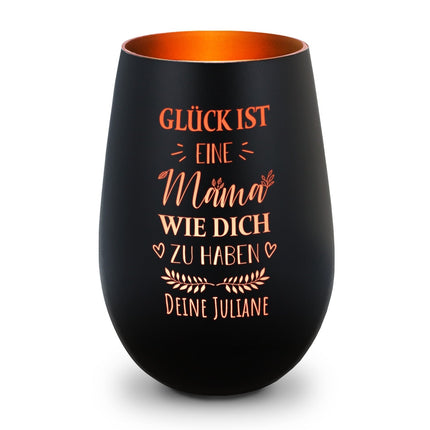 SEO. Deko Windlicht aus Glas mit Gravur - Glück ist eine Mama wie Dich zu haben - Personalisiert mit Name - Schwarz - Bronze Linkreich