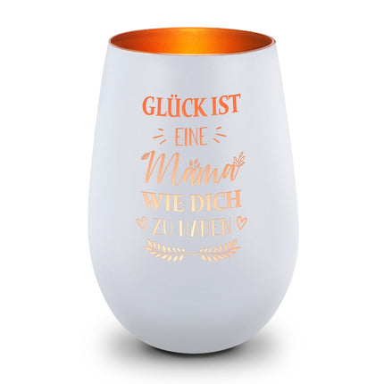 SEO. Deko Windlicht aus Glas mit Gravur - Glück ist eine Mama wie Dich zu haben - Weiß - Bronze Linkreich