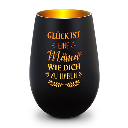 SEO. Deko Windlicht aus Glas mit Gravur - Glück ist eine Mama wie Dich zu haben - Schwarz - Gold Linkreich