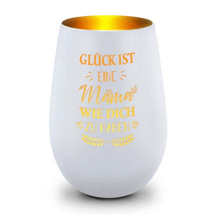 SEO. Deko Windlicht aus Glas mit Gravur - Glück ist eine Mama wie Dich zu haben - Weiß - Gold Linkreich
