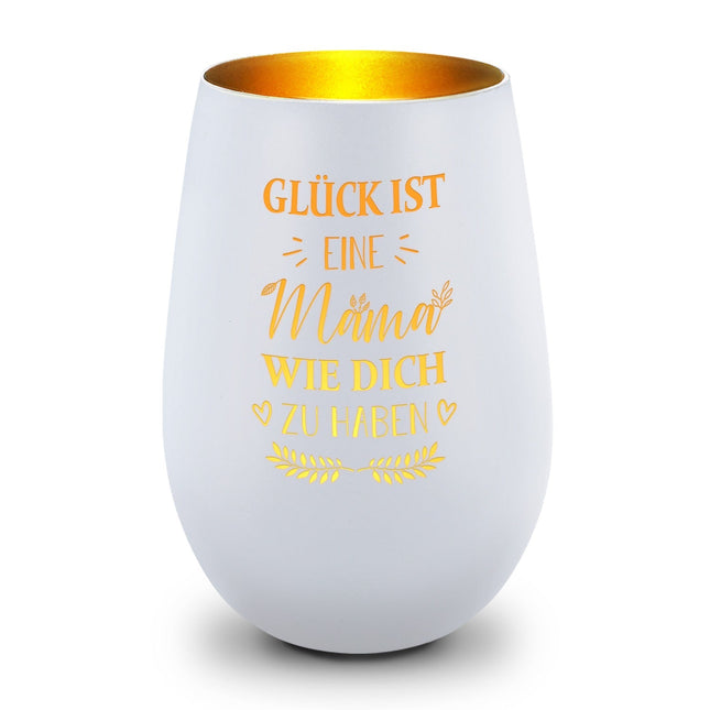 SEO. Deko Windlicht aus Glas mit Gravur - Glück ist eine Mama wie Dich zu haben - Weiß - Gold Linkreich
