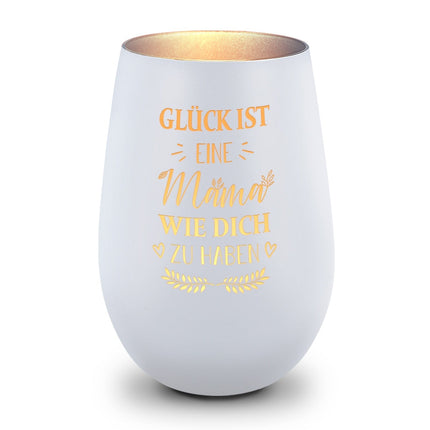 SEO. Deko Windlicht aus Glas mit Gravur - Glück ist eine Mama wie Dich zu haben - Weiß - Silber Linkreich