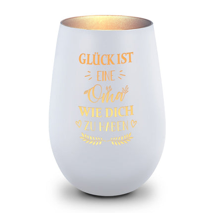 SEO. Deko Windlicht aus Glas mit Gravur - Glück ist eine Oma wie Dich zu haben - Ideal für Teelicht - Weiß - Silber Linkreich
