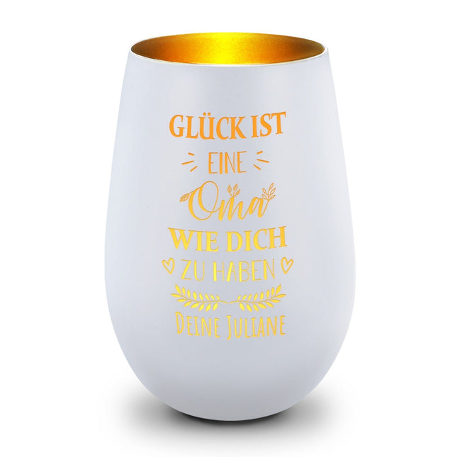 SEO. Deko Windlicht aus Glas mit Gravur - Glück ist eine Oma wie Dich zu haben - Personalisiert mit Namen - Weiß - Gold Linkreich