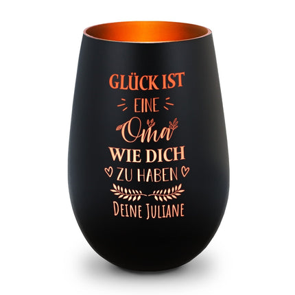 SEO. Deko Windlicht aus Glas mit Gravur - Glück ist eine Oma wie Dich zu haben - Personalisiert mit Namen - Schwarz - Bronze Linkreich