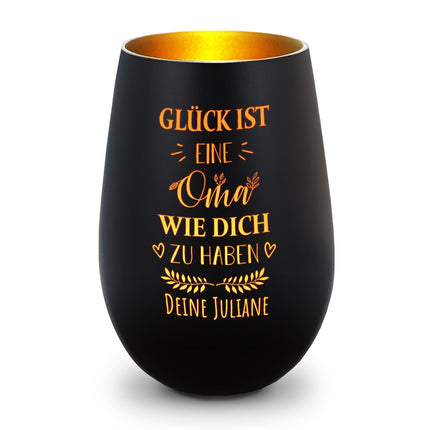 SEO. Deko Windlicht aus Glas mit Gravur - Glück ist eine Oma wie Dich zu haben - Personalisiert mit Namen - Schwarz - Gold Linkreich