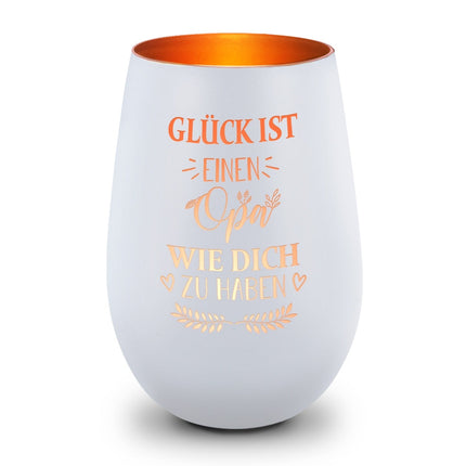 SEO. Deko Windlicht aus Glas mit Gravur - Glück ist einen Opa wie Dich zu haben - Persönliches Geschenk - Weiß - Bronze Linkreich