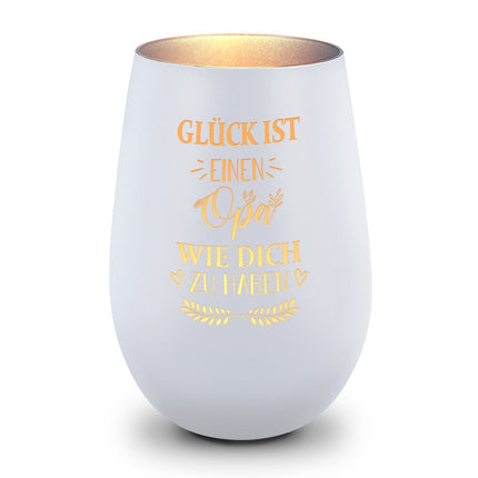 SEO. Deko Windlicht aus Glas mit Gravur - Glück ist einen Opa wie Dich zu haben - Persönliches Geschenk - Weiß - Silber Linkreich