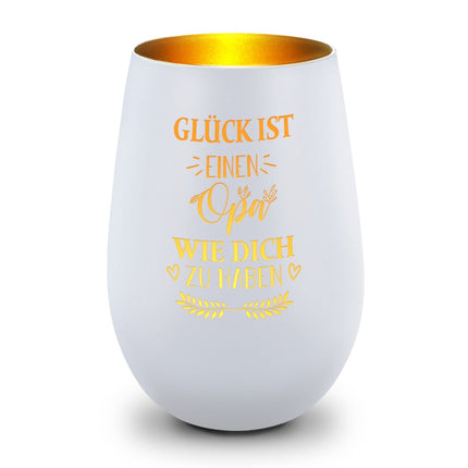 SEO. Deko Windlicht aus Glas mit Gravur - Glück ist einen Opa wie Dich zu haben - Persönliches Geschenk - Weiß - Gold Linkreich