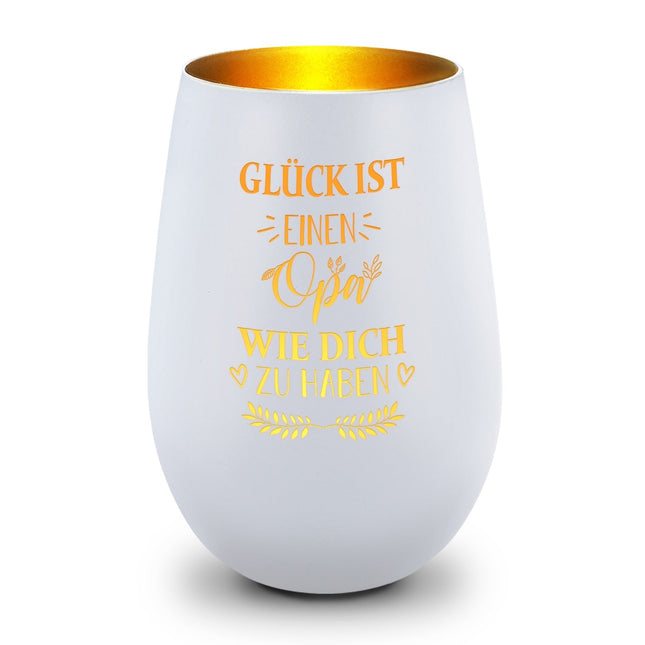 SEO. Deko Windlicht aus Glas mit Gravur - Glück ist einen Opa wie Dich zu haben - Persönliches Geschenk - Weiß - Gold Linkreich