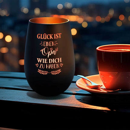 SEO. Deko Windlicht aus Glas mit Gravur - Glück ist einen Opa wie Dich zu haben - Persönliches Geschenk - Schwarz - Gold Linkreich