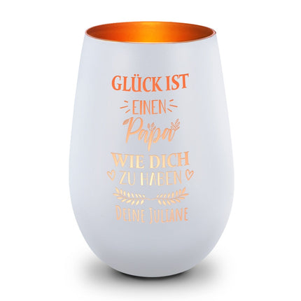 SEO. Deko Windlicht aus Glas mit Gravur - Glück ist einen Papa wie Dich zu haben - Personalisiert mit Nam - Weiß - Bronze Linkreich