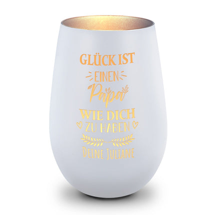 SEO. Deko Windlicht aus Glas mit Gravur - Glück ist einen Papa wie Dich zu haben - Personalisiert mit Nam - Weiß - Silber Linkreich