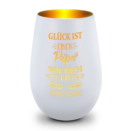 SEO. Deko Windlicht aus Glas mit Gravur - Glück ist einen Papa wie Dich zu haben - Personalisiert mit Nam - Weiß - Gold Linkreich