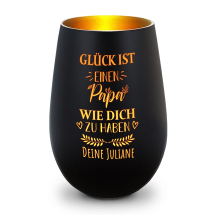SEO. Deko Windlicht aus Glas mit Gravur - Glück ist einen Papa wie Dich zu haben - Personalisiert mit Nam - Schwarz - Gold Linkreich