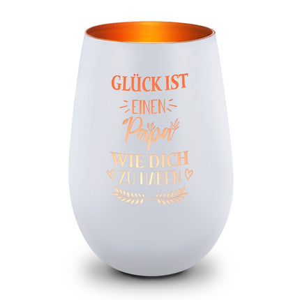 SEO. Deko Windlicht aus Glas mit Gravur - Glück ist einen Papa wie Dich zu haben - Weiß - Bronze Linkreich