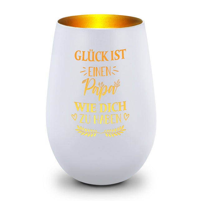 SEO. Deko Windlicht aus Glas mit Gravur - Glück ist einen Papa wie Dich zu haben - Weiß - Gold Linkreich